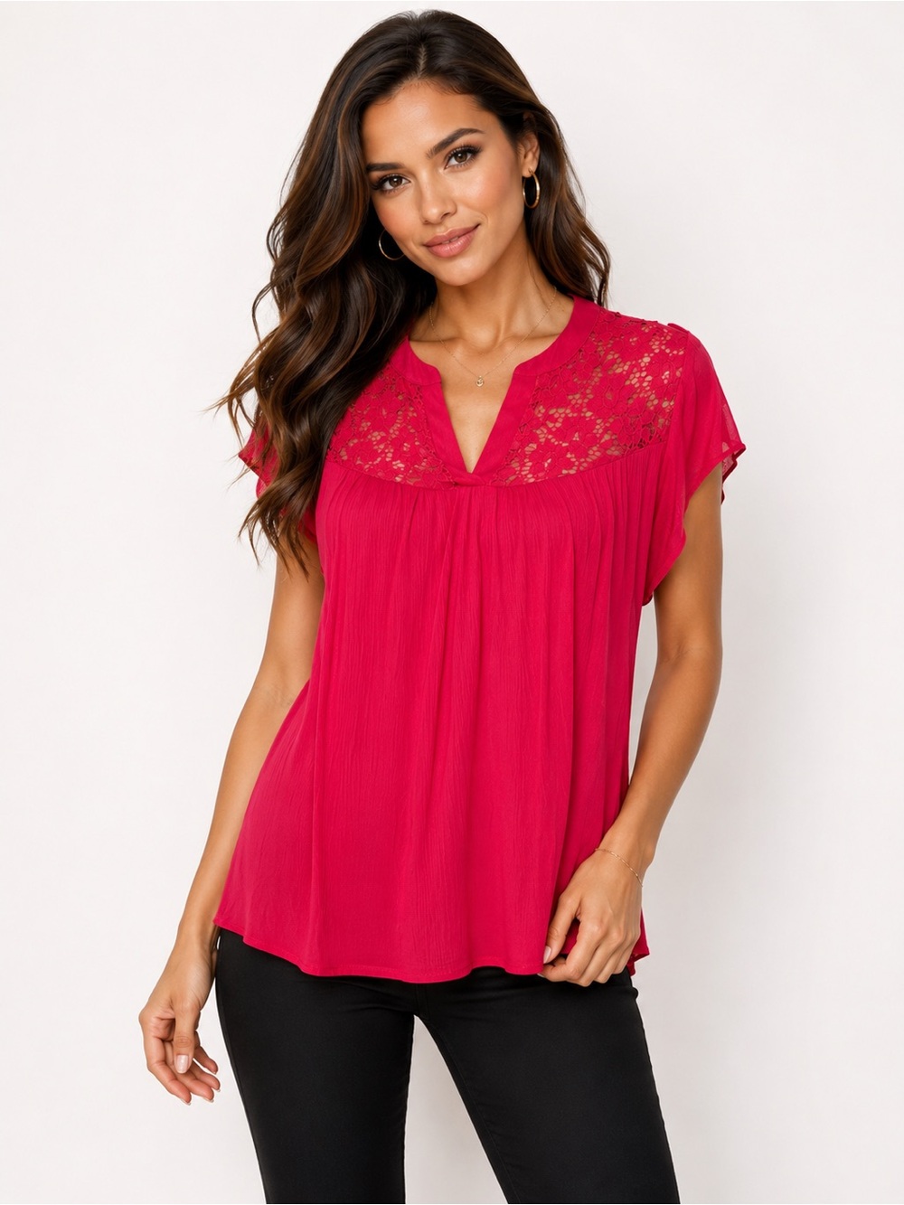 Cure Size Small Fuchsia Lace Yoke Flutter Sleeve Pleated Blouse Boho Top
